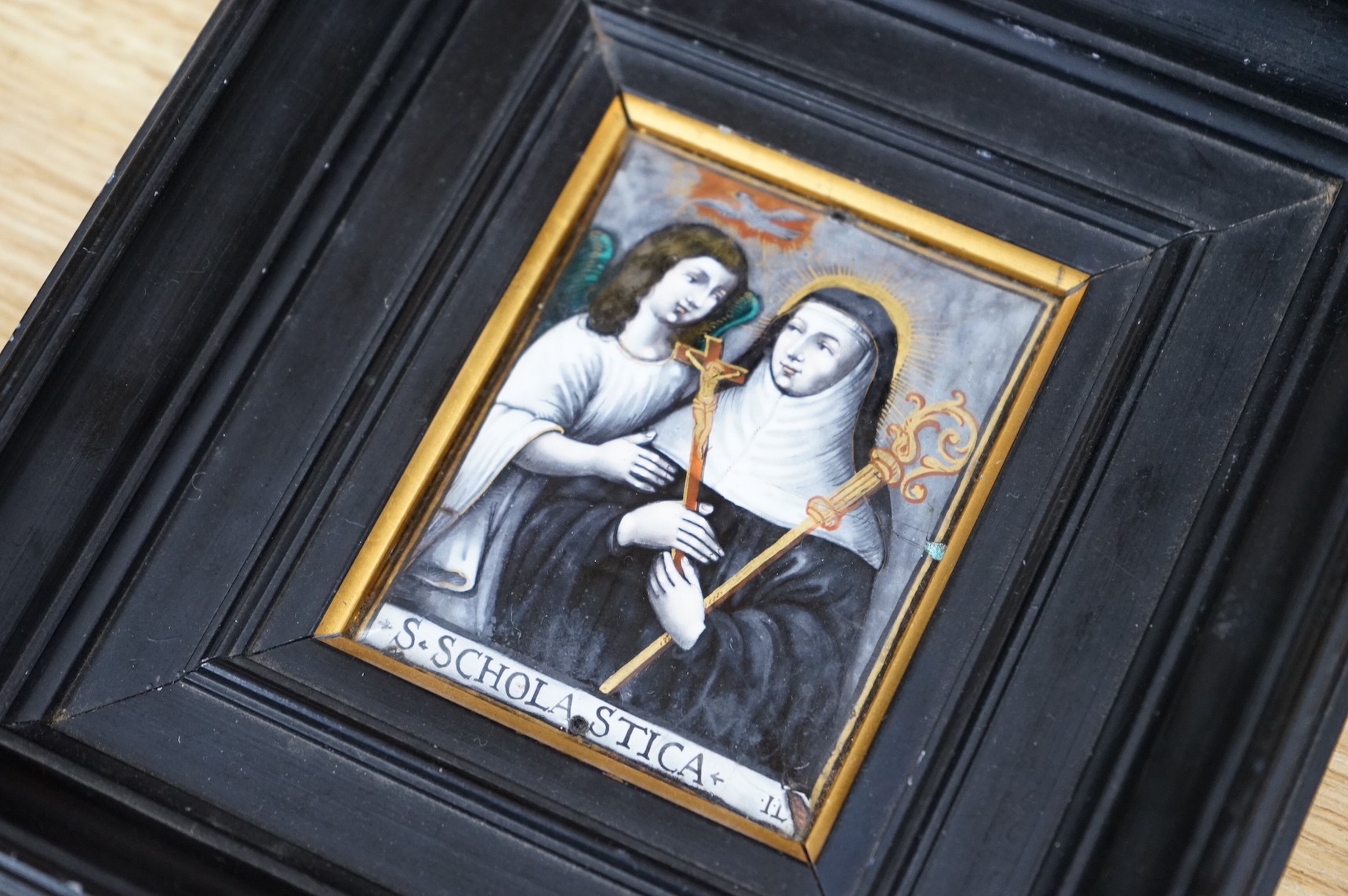 A Limoges religious enamel plaque, framed. Plaque 8cm high
